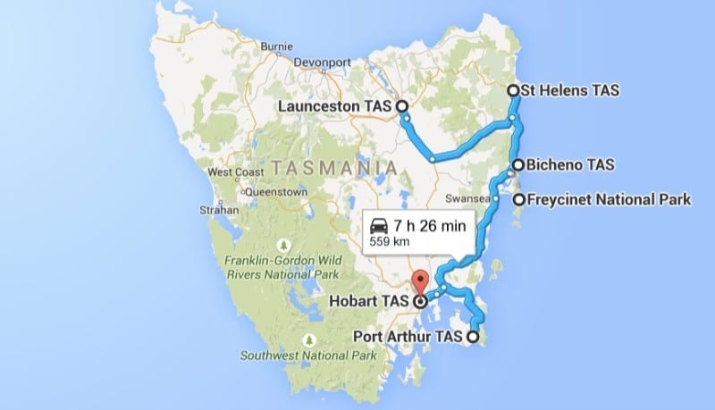 East Coast Tasmanian Road Trip map