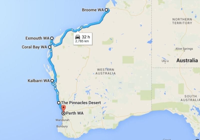 PErth to Broome road trip map