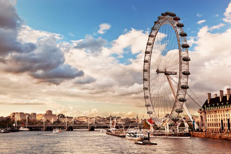 London, England the UK skyline in the afternoon. The London Eye on River Thames