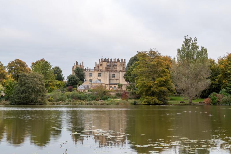 View of autumn colours in the grounds of Sherborne castle in Dorset.