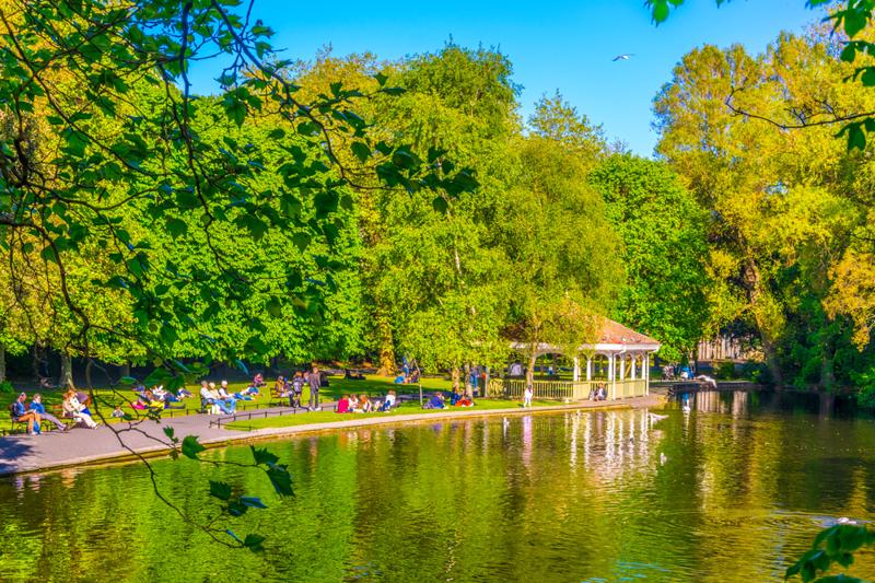 View of a small pond in the Saint Stephen's Green park in Dublin, Ireland