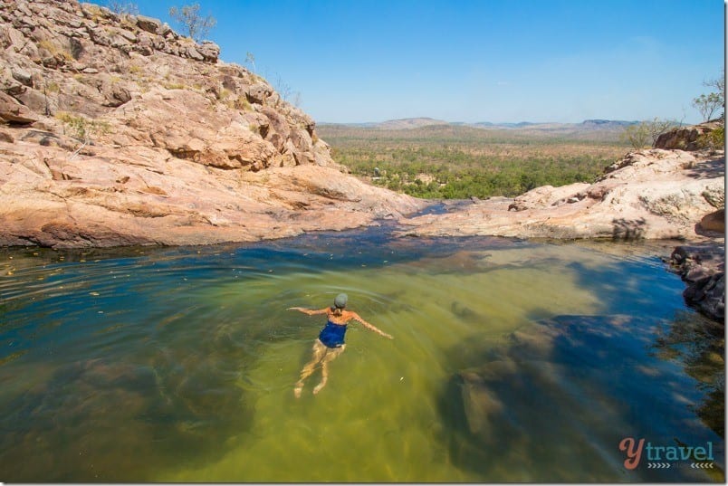 caz swimming in gunlom falls with views of kaakdu valley