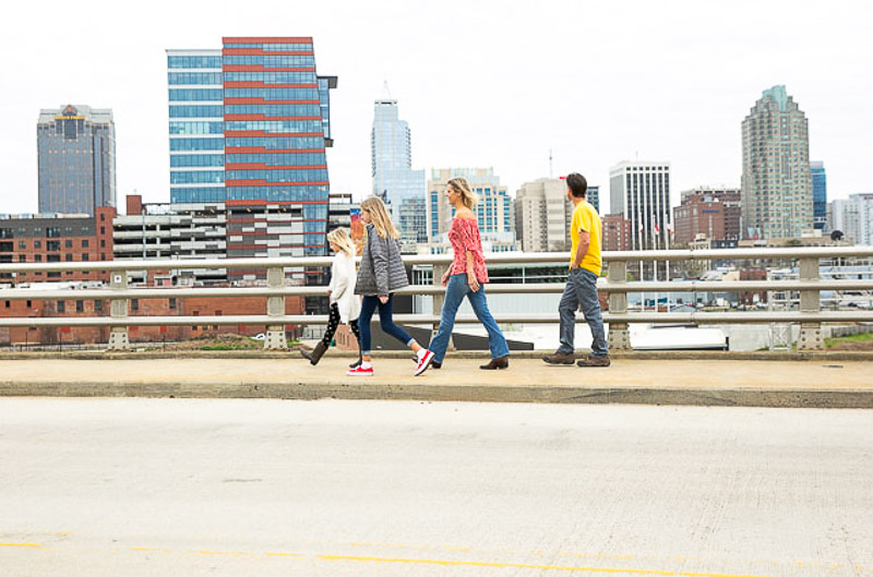 Walking across Boylan Bridge overlooking downtown Raleigh