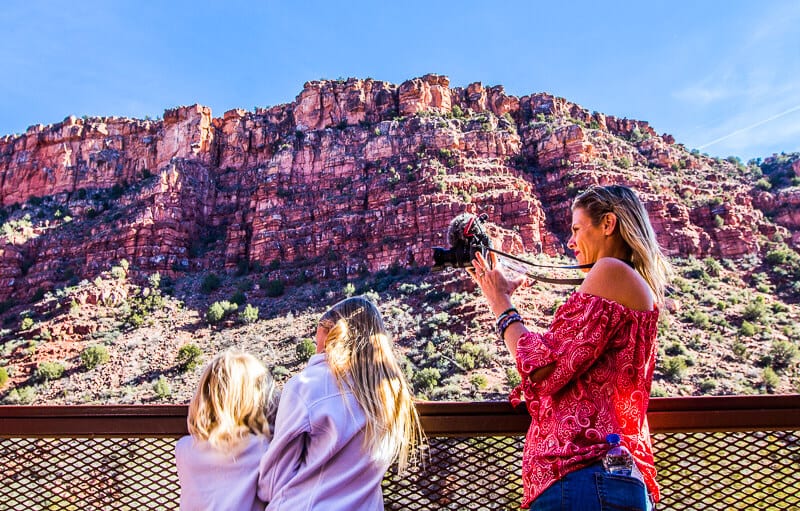 people on a train looking at a canyon