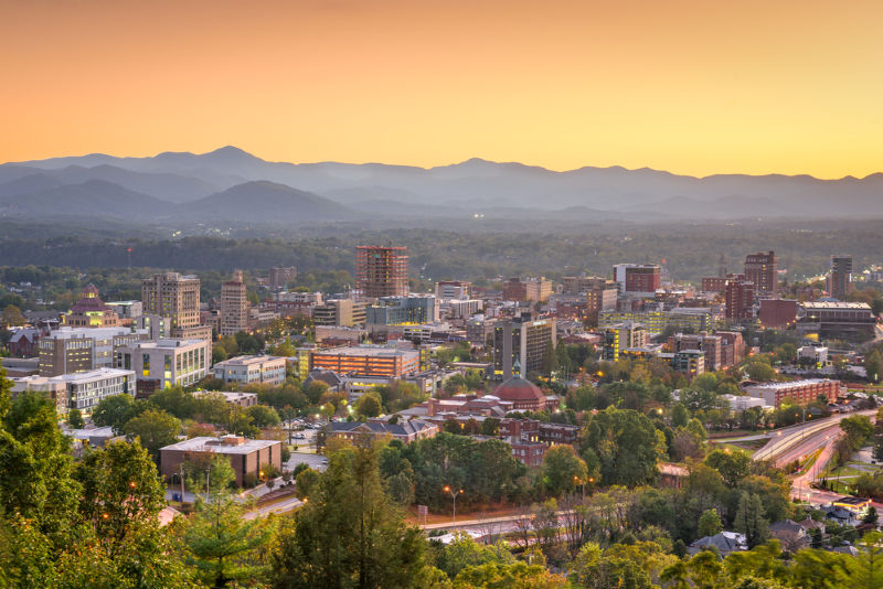 Asheville, North Carolina, USA downtown skyline at dusk.