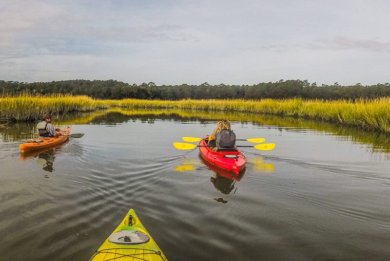 people on kayaks in salt marsh