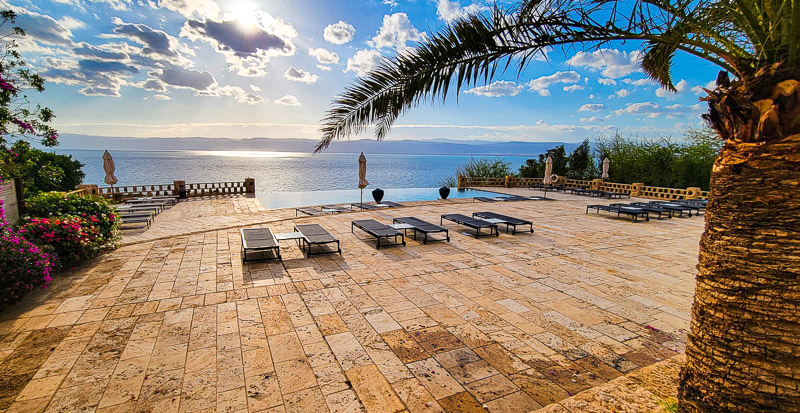 view of turquoise water of Dead Sea from Movenpick Resort