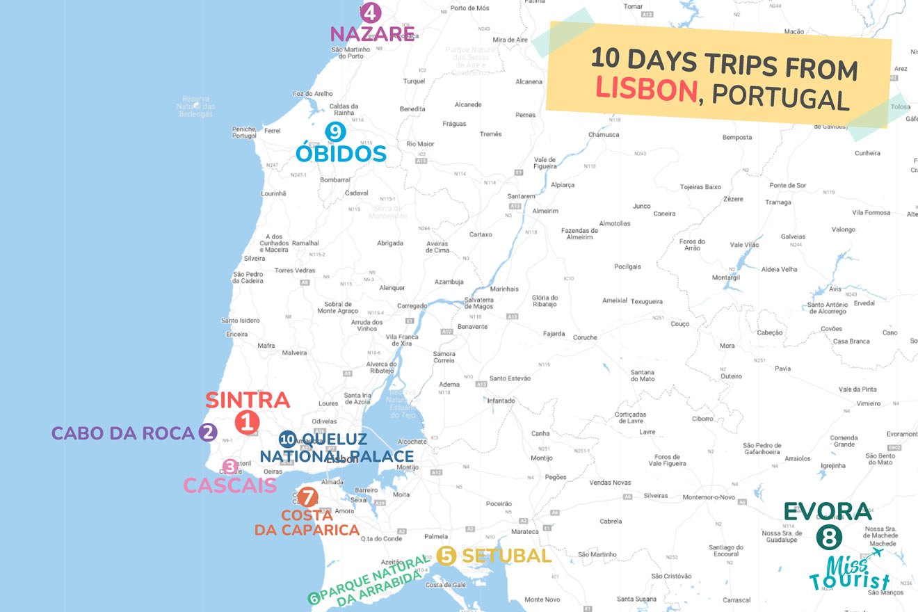 A map of the 10 best day trips from Lisbon, Portugal