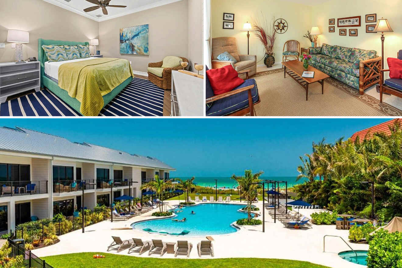 A collage of images of oceanfront hotels where to stay in Anna Maria Island