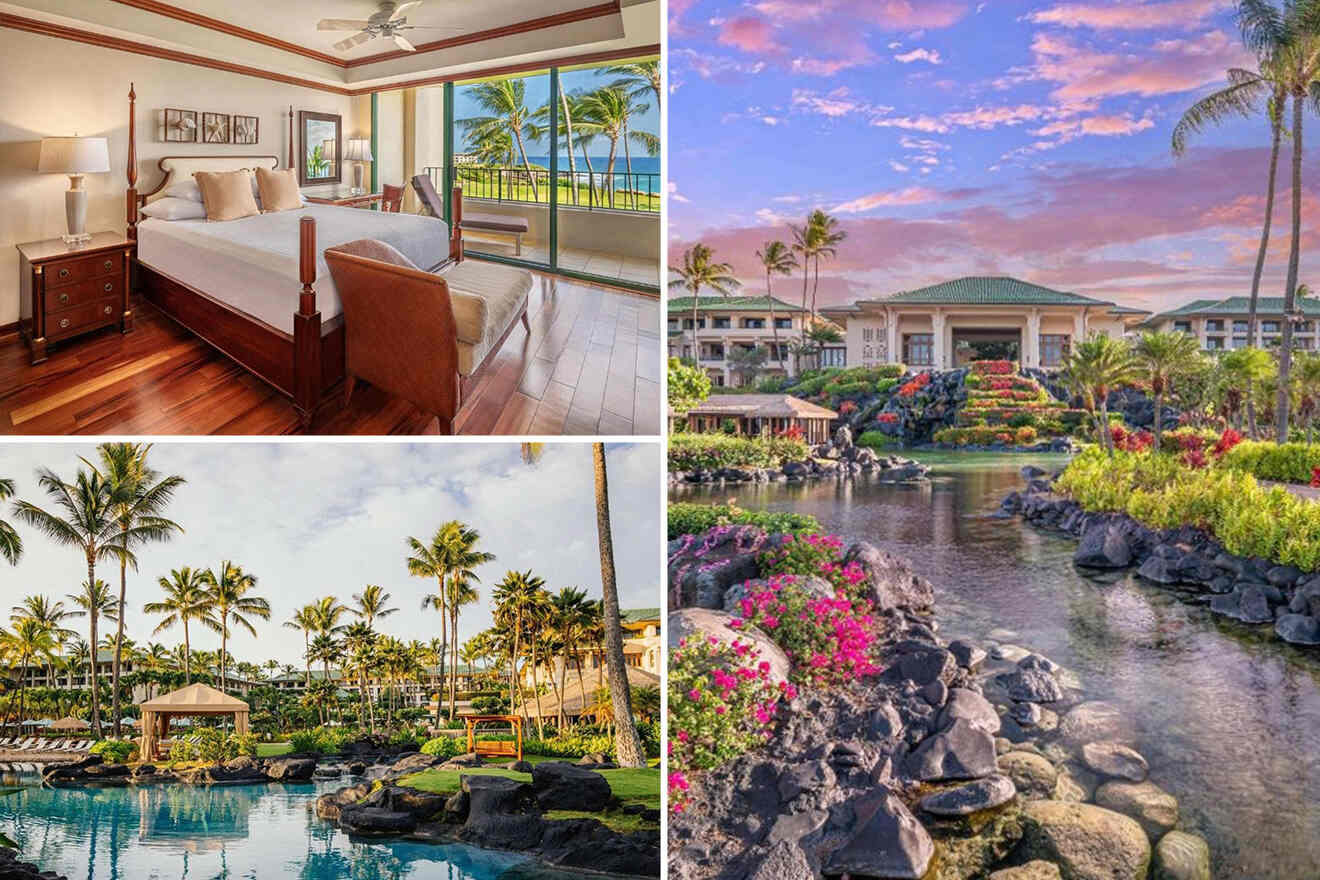 a collage of 3 photos: bedroom, view of pond, and view of hotel exterior