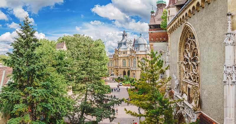 Medieval Gothic Renaissance castle Vajdahunyad framed by trees