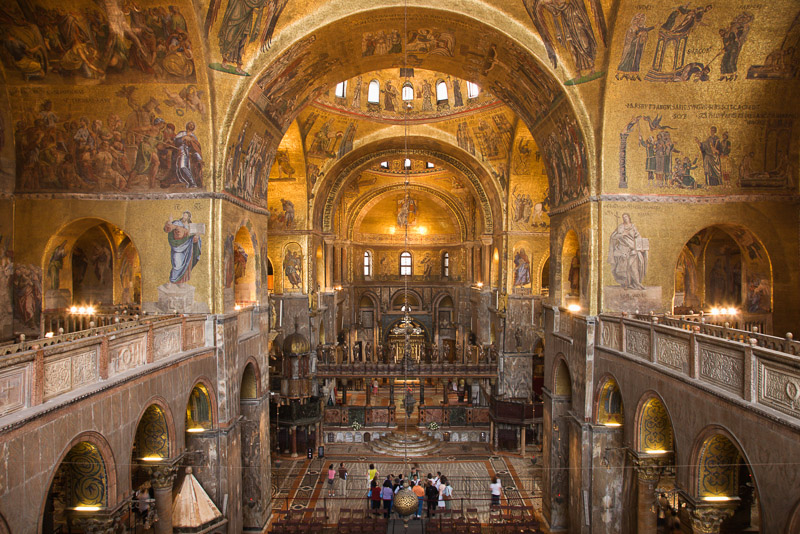 golden mosaics o on the walls and arches of f St Mark's Basilica venice