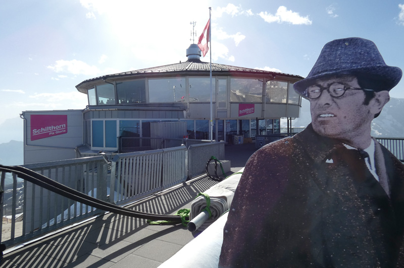 cardboard cutout of james bond on schilthorn deck