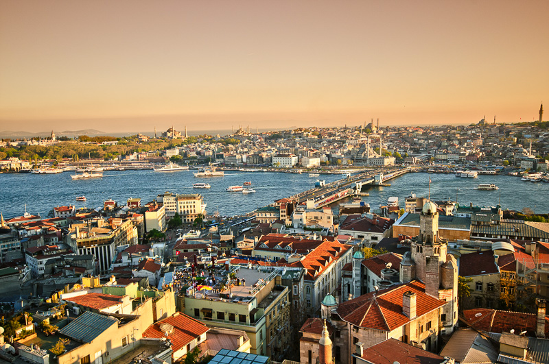 Sunset Panoramic View over the Bosphorus Historical Center of Istanbul