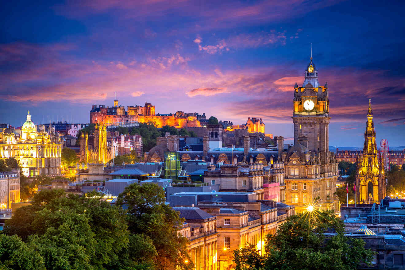 a view of a city with a clock tower in the evening