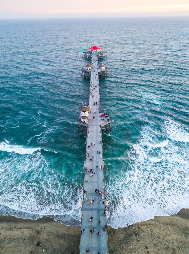 aerial view of Huntington Beach Pier.