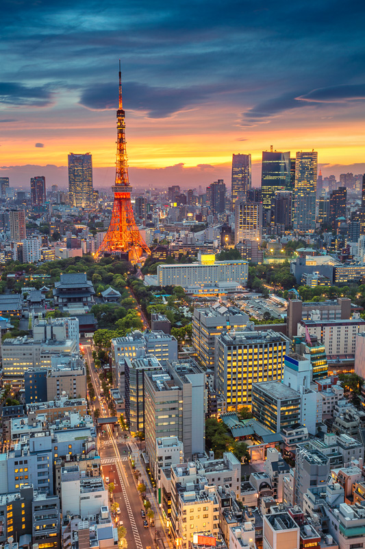 aerial vie of tokyo city at sunset with red tokyo tower