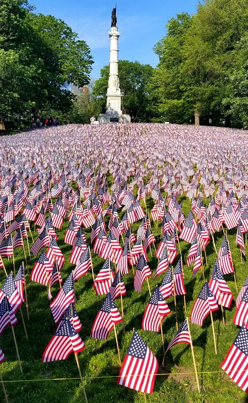 hundreds of tiny flags in grass in front of monument in boston commons