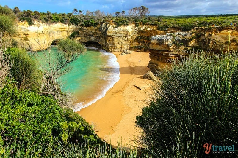 aerial view of the golden sand beach at Loch Ard Gorge, Great Ocean Road, Australia