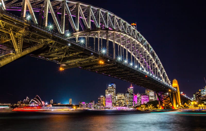 The Sydney Harbour Bridge lit up  during the Vivid Sydney Festival