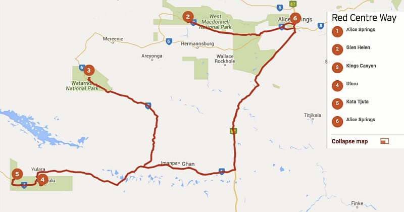 map of the Red Centre Way road trip Northern Territory