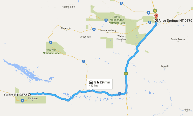 Map of drive between uluru and alice springs