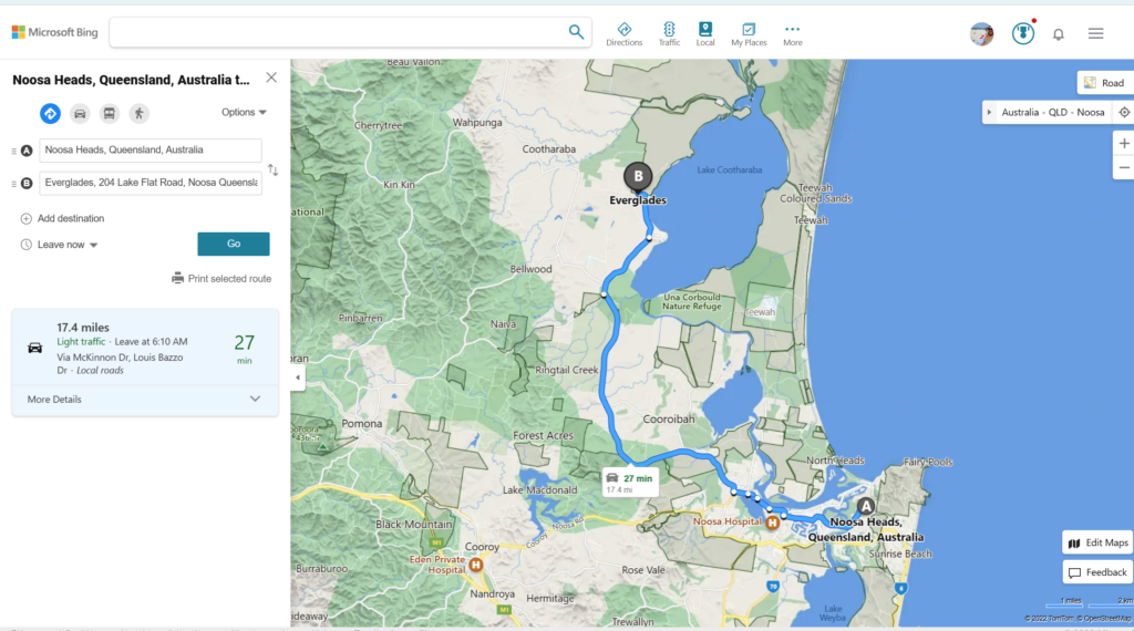 map showing distance between noosa heads and noosa everglades