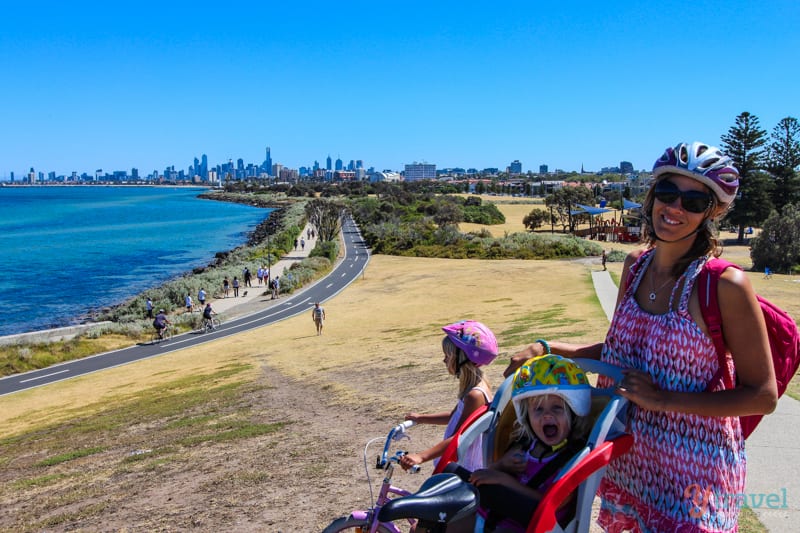 womand and girls cycling Bike the Bayside Cycle path