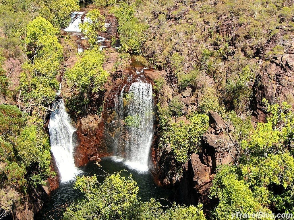 aerial view of double waterfall