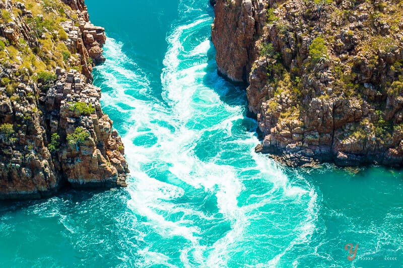 aerial view of water rushing throjugh The Horizontal Falls