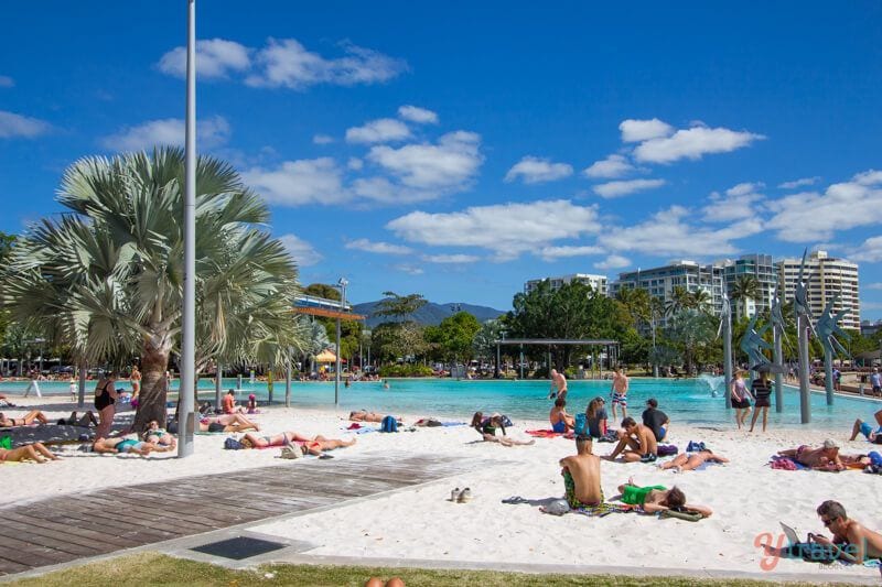 peopel on sandy beach at Cairns Lagoon, 