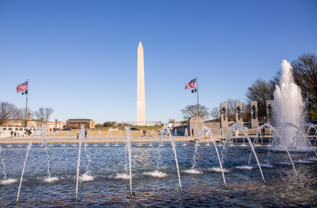 Lake and fountain at a war memorial monument in DC