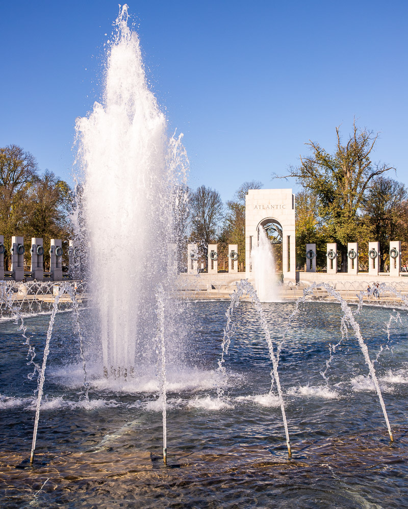 Lake and fountain at a war memorial monument in DC