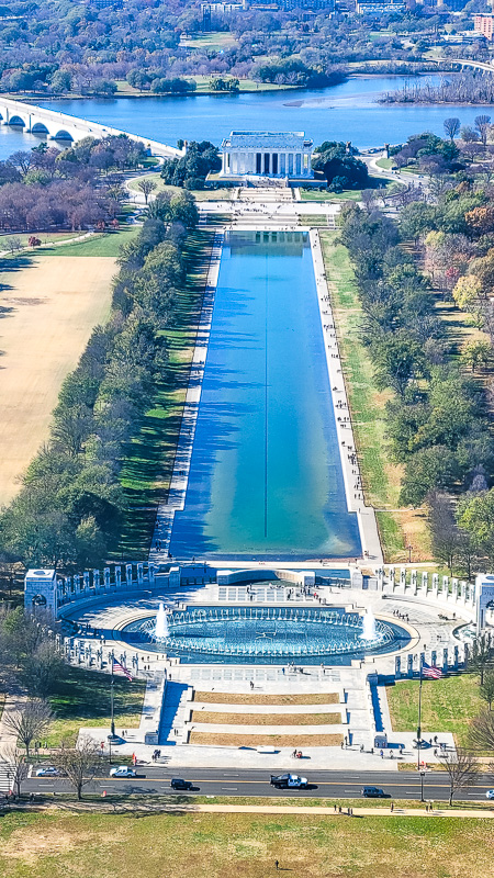 aerial view of world war 2 memorial, reflection pool and lincoln memorial