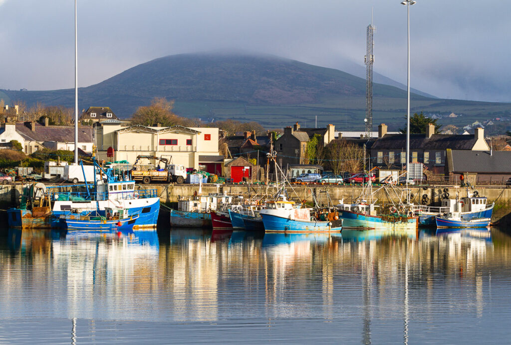 Fishing boats in a harbor with a mountain backdrop