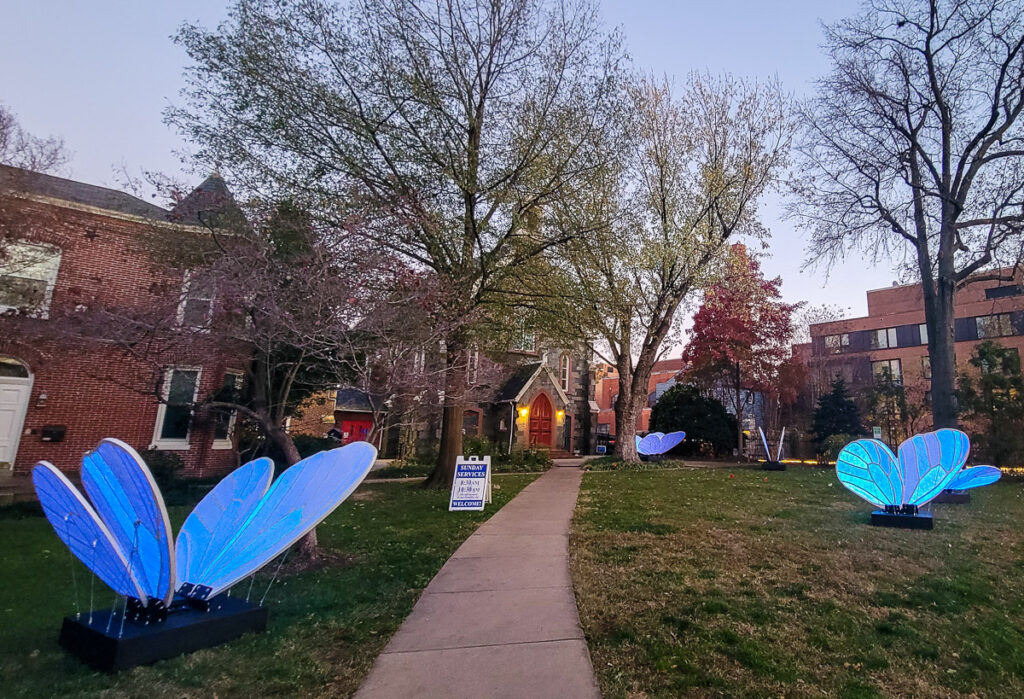 Large butterfly decorations in a city park