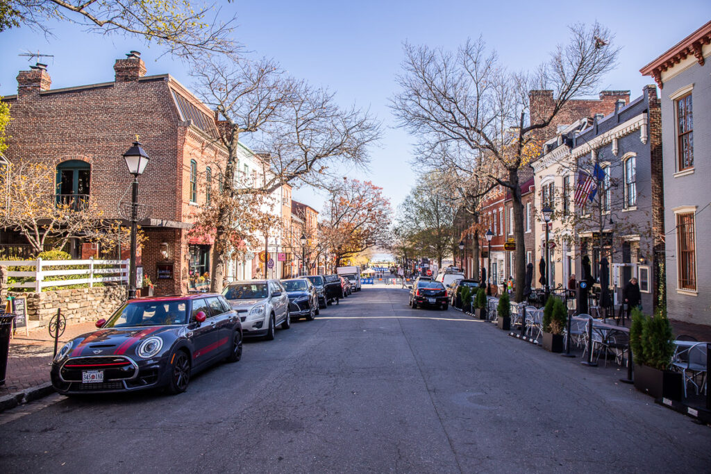 Downtown street scene with store fronts on each side