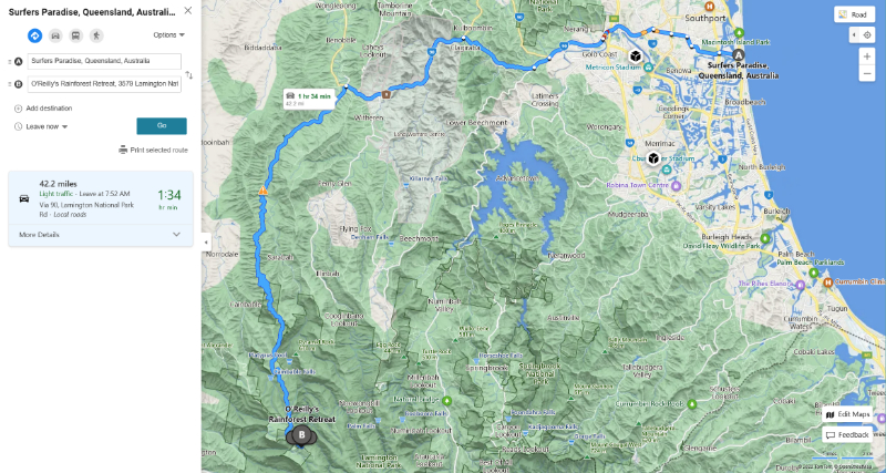 distance from surfers paradise to O'Reilly's rainforest retreat