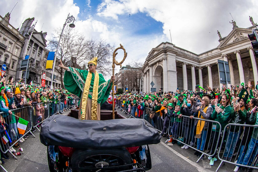 People dressed in green at a St Patrick's Day parade in Dublin