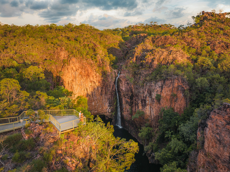 An aerial of Tolmer Falls including the lookouts.