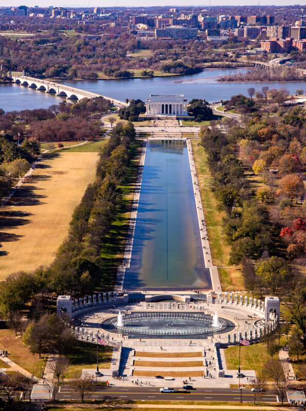 Aerial view of a lake and buildings in Washington DC