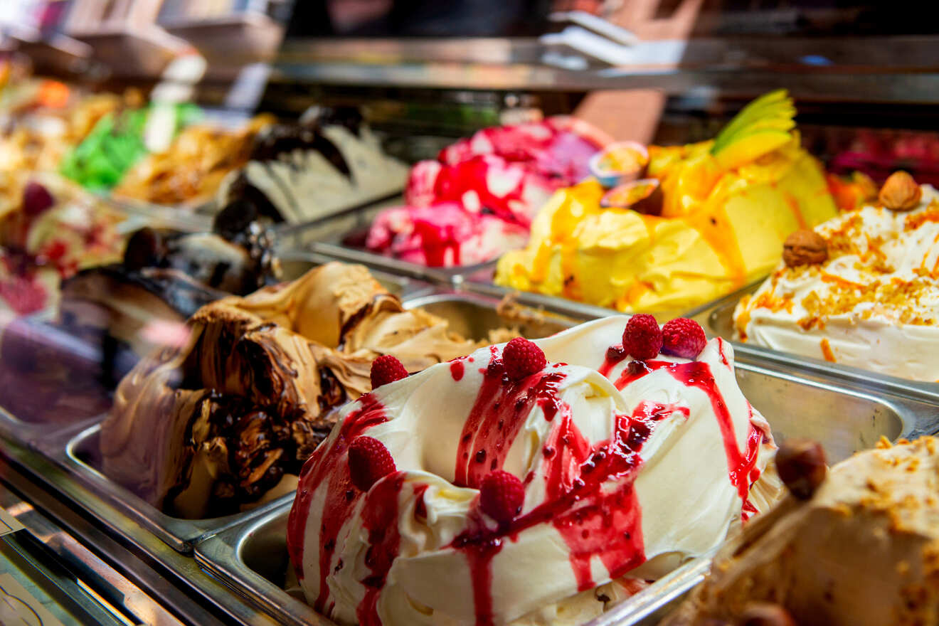 a variety of Gelato desserts are displayed 