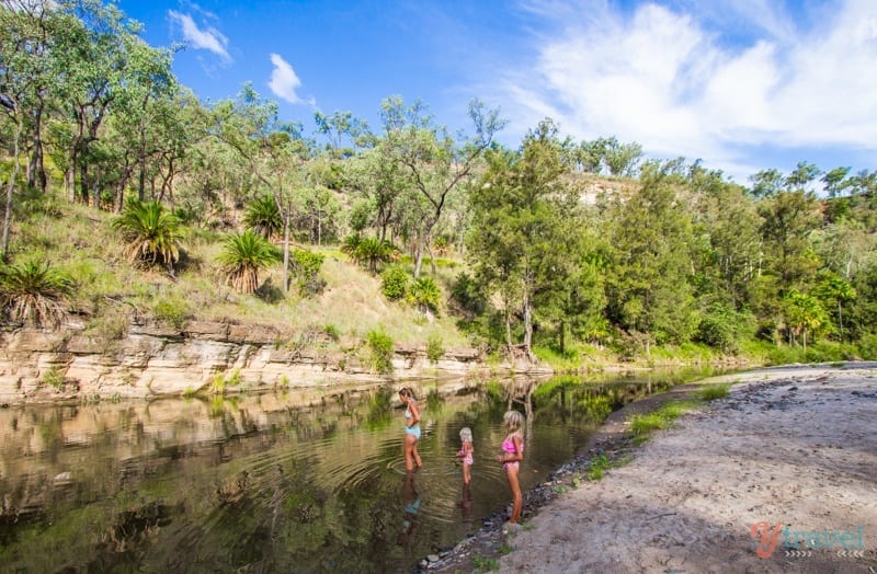 people walking into a river surrounded by trees