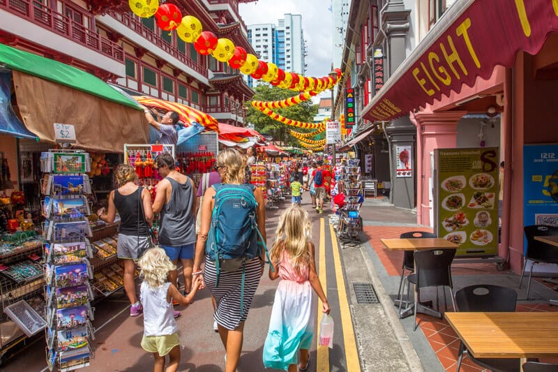 family walking streets of chinatown