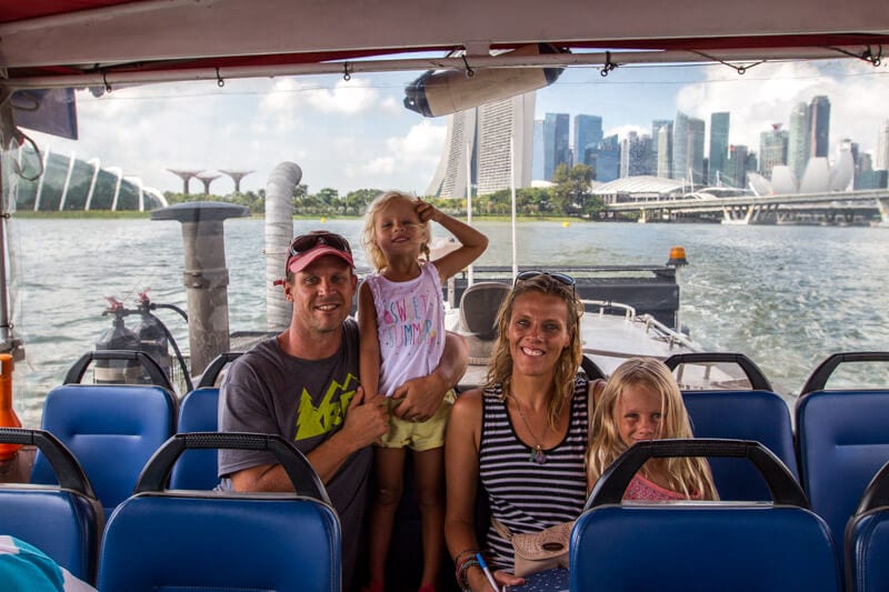 family posing on Ducktour -