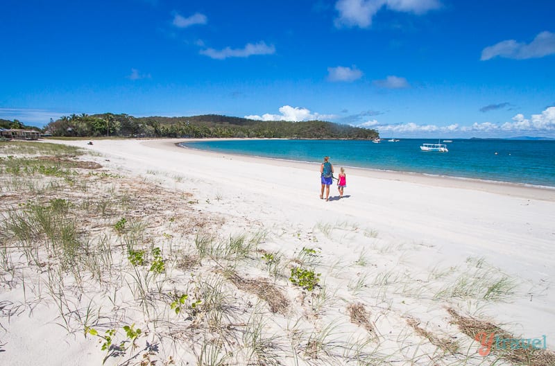 people walking down a beach