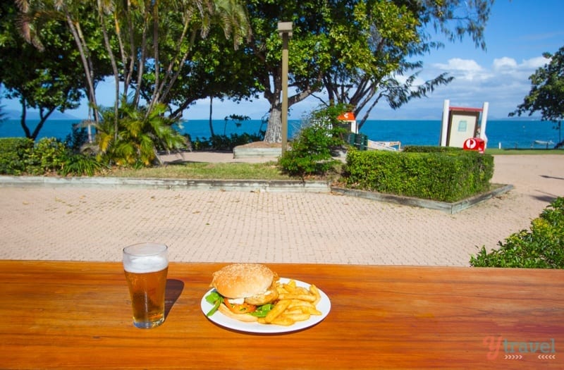 a plate of food and a drink on a table