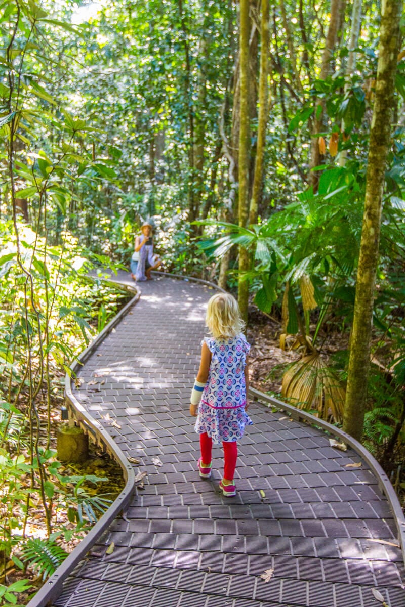 girl walking on a board walk in the forest