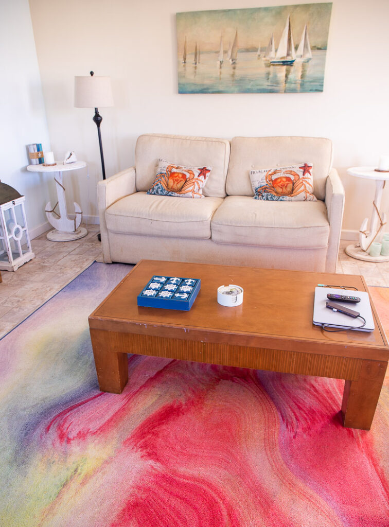 Coffee table and couch inside a villa