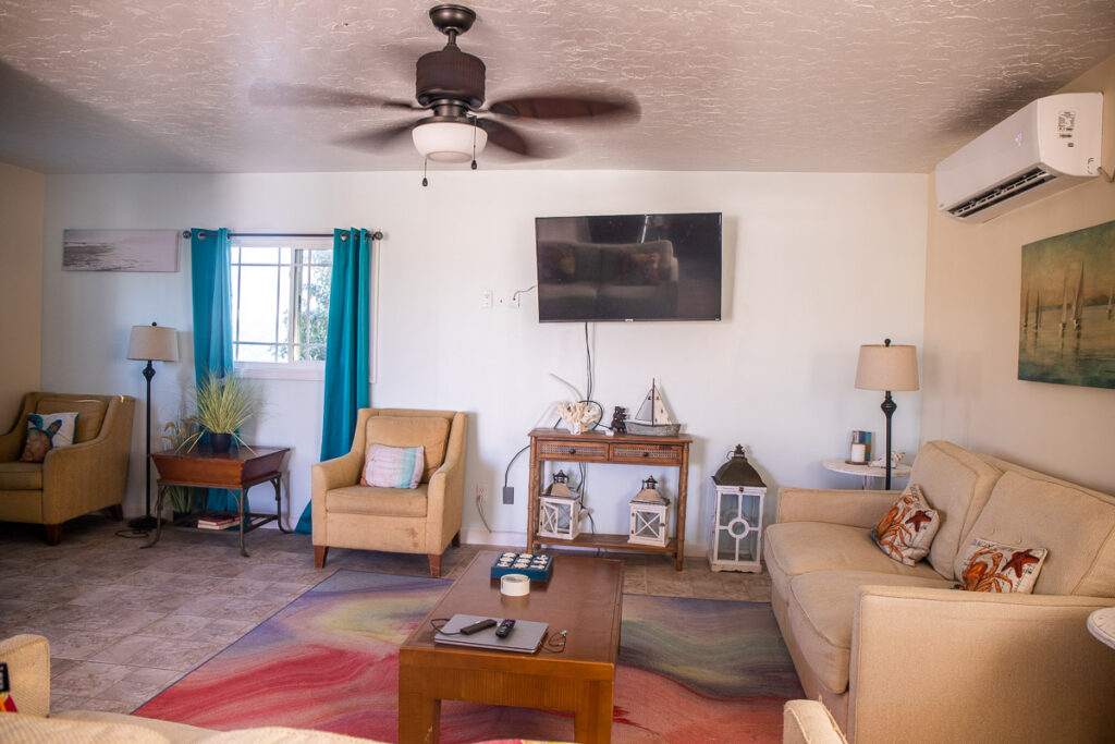 Couches, coffee table and large screen tv in a living room